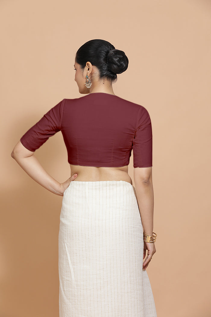 Ananya x Rozaana Saree Blouse, in Maroon Cotton, featuring elbow sleeves and round neckline, made for daily & work (view 2).