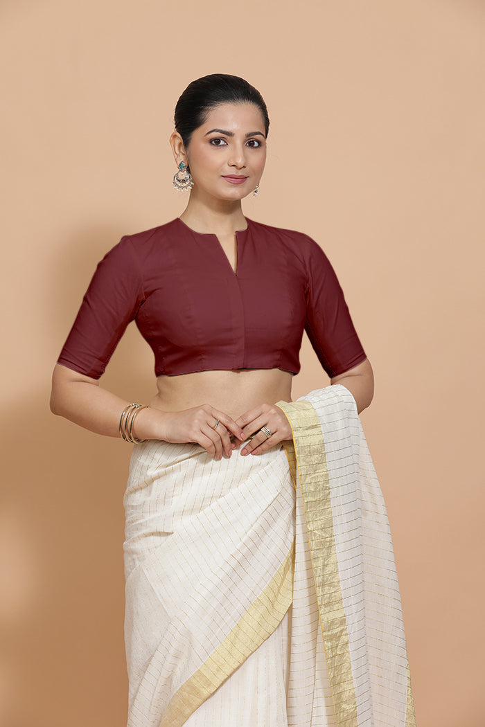 Ananya x Rozaana Saree Blouse, in Maroon Cotton, featuring elbow sleeves and round neckline, made for daily & work (view 6).
