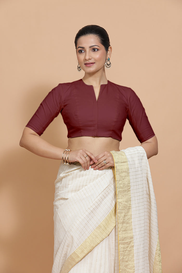 Ananya x Rozaana Saree Blouse, in Maroon Cotton, featuring elbow sleeves and round neckline, made for daily & work (view 8).