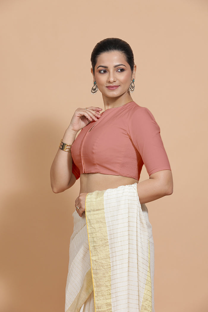 Ananya x Rozaana | Round Neck Soft Peach Plain Cotton Saree Blouse