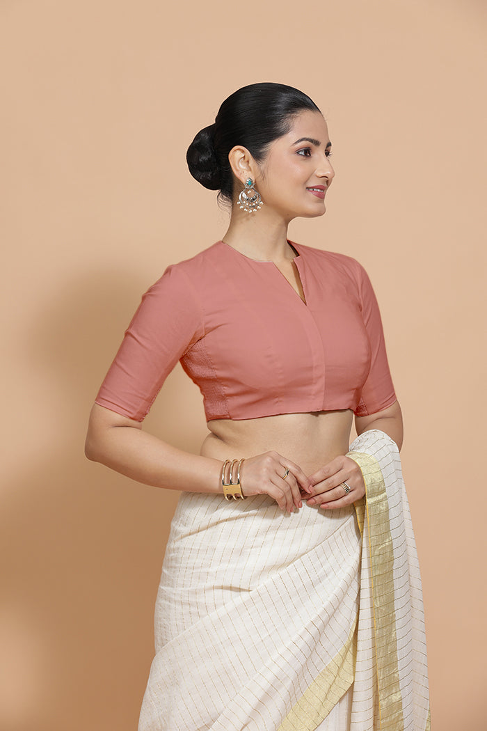 Ananya x Rozaana | Round Neck Soft Peach Plain Cotton Saree Blouse-Binks