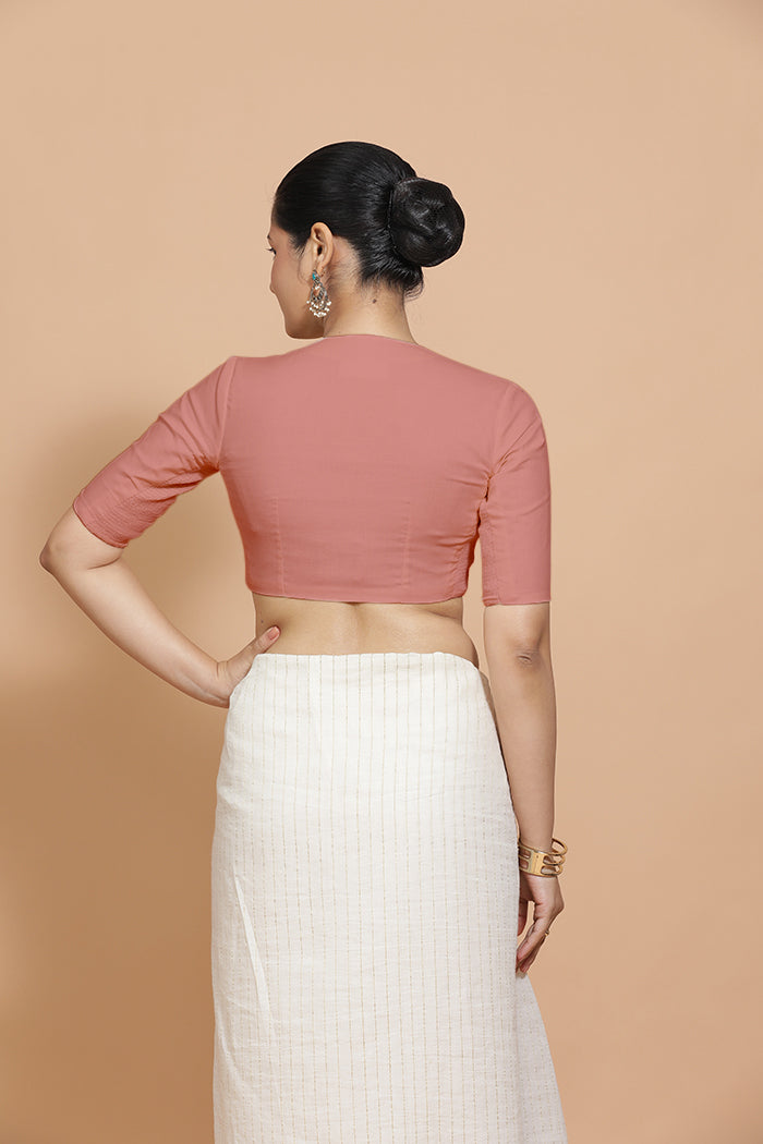 Ananya x Rozaana Saree Blouse, in Peach Cotton, featuring elbow sleeves and round neckline, made for daily & work (view 2).
