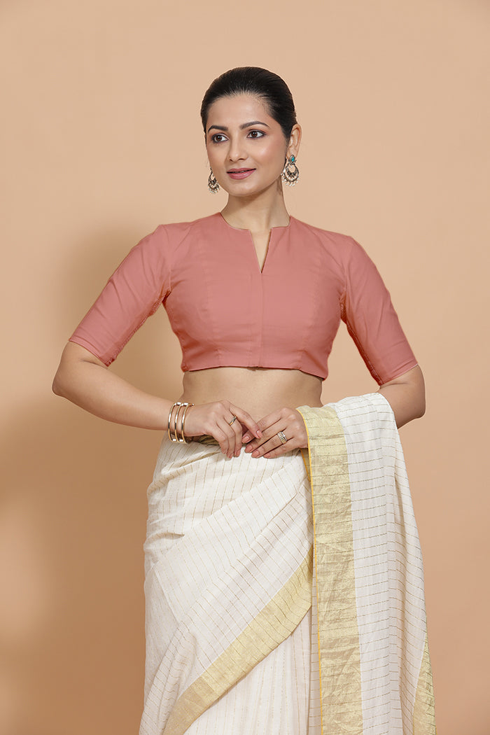 Ananya x Rozaana Saree Blouse, in Peach Cotton, featuring elbow sleeves and round neckline, made for daily & work (view 7).