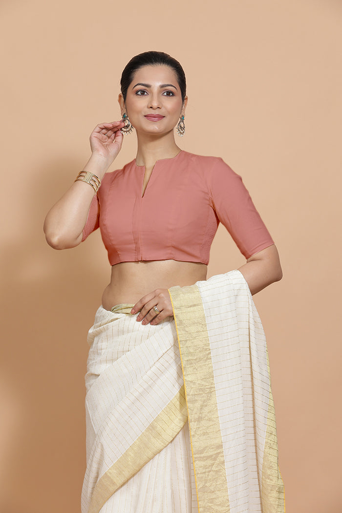 Ananya x Rozaana Saree Blouse, in Peach Cotton, featuring elbow sleeves and round neckline, made for daily & work (view 8).