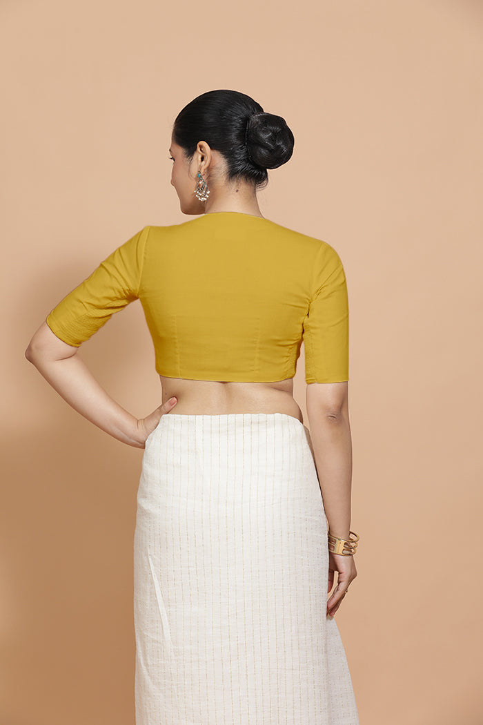 Ananya x Rozaana Saree Blouse, in Yellow Cotton, featuring elbow sleeves and round neckline, made for daily & work (view 2).