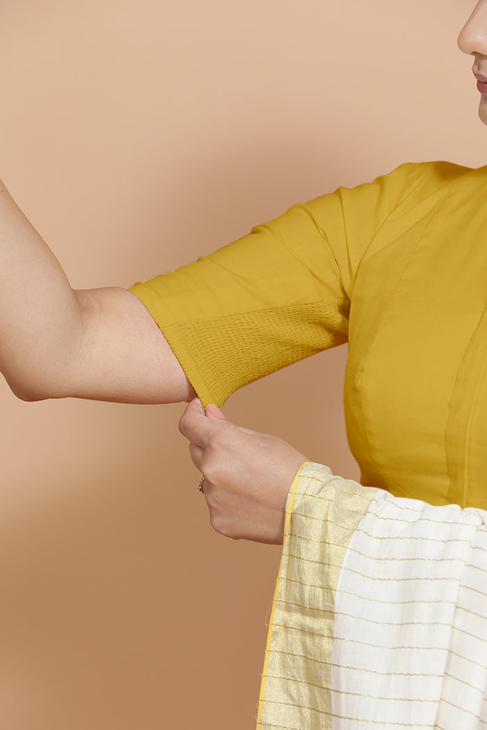 Ananya x Rozaana Saree Blouse, in Yellow Cotton, featuring elbow sleeves and round neckline, made for daily & work (view 4).