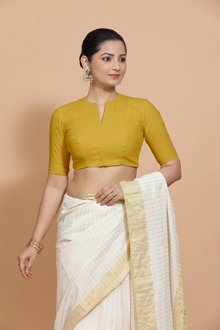 Ananya x Rozaana Saree Blouse, in Yellow Cotton, featuring elbow sleeves and round neckline, made for daily & work (view 6).