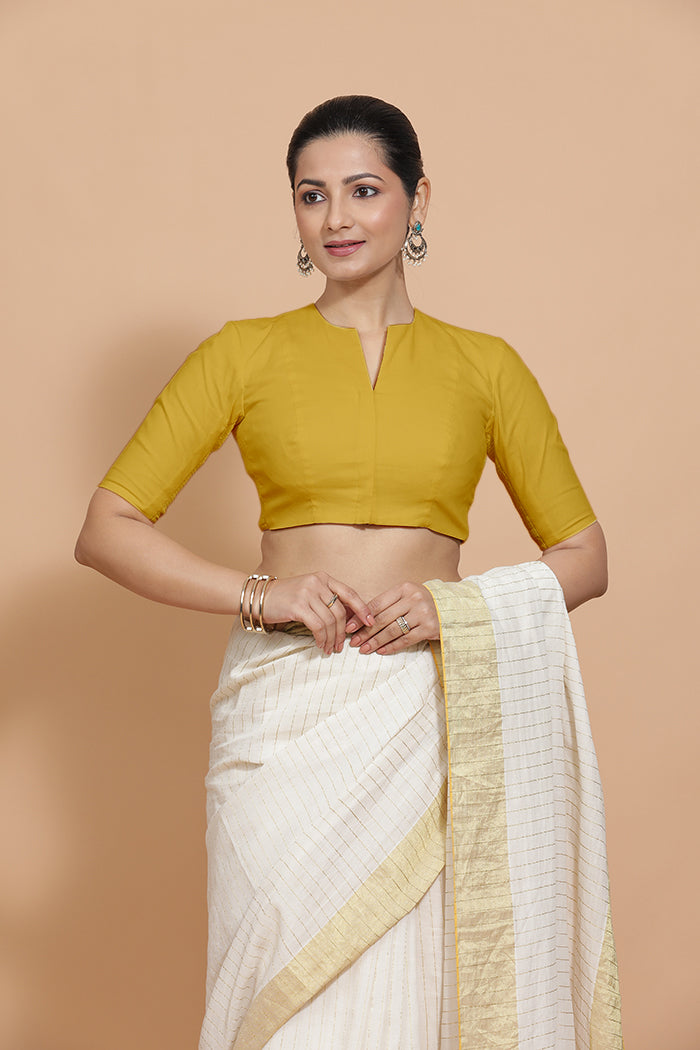 Ananya x Rozaana Saree Blouse, in Yellow Cotton, featuring elbow sleeves and round neckline, made for daily & work (view 8).