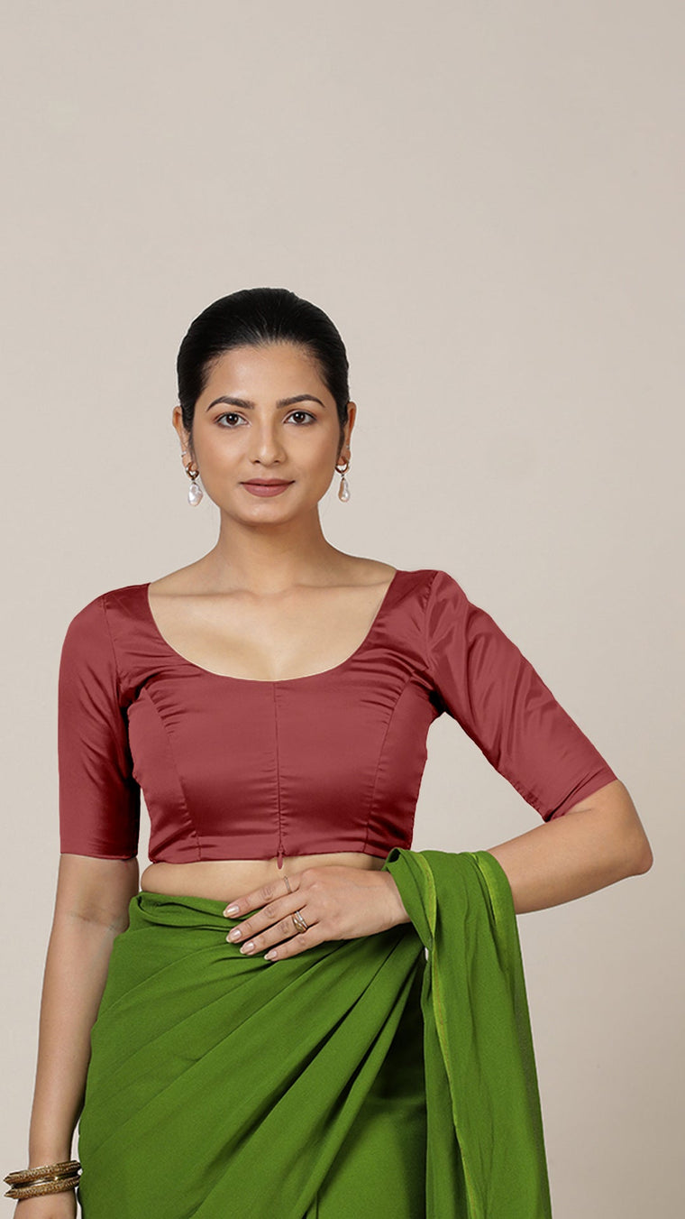 Anisha x Rozaana Saree Blouse, in Red Vegan Silk, featuring elbow sleeves and round neckline, made for daily & work.