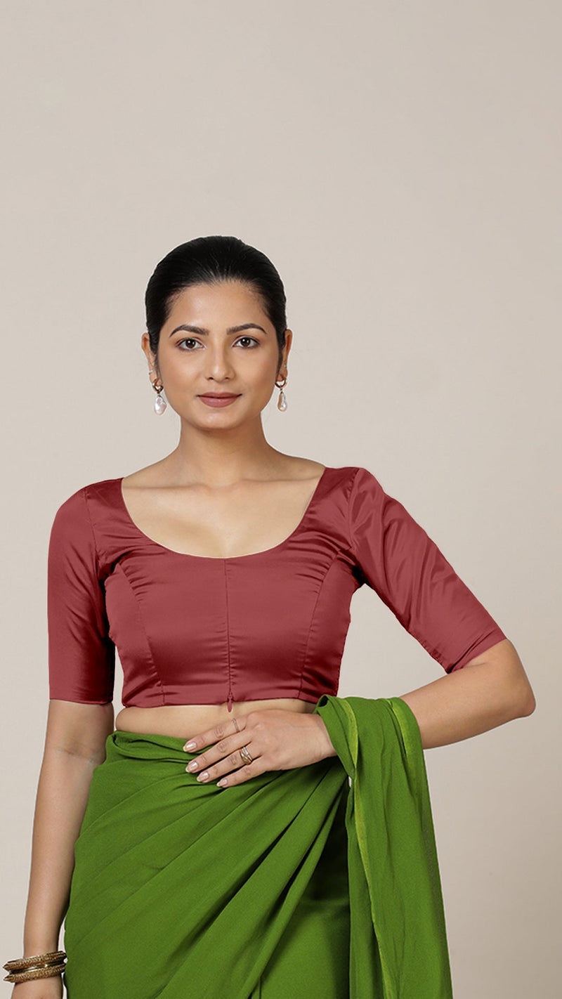 Anisha x Rozaana | Elbow Sleeves Saree Blouse in Auburn Red-Binks