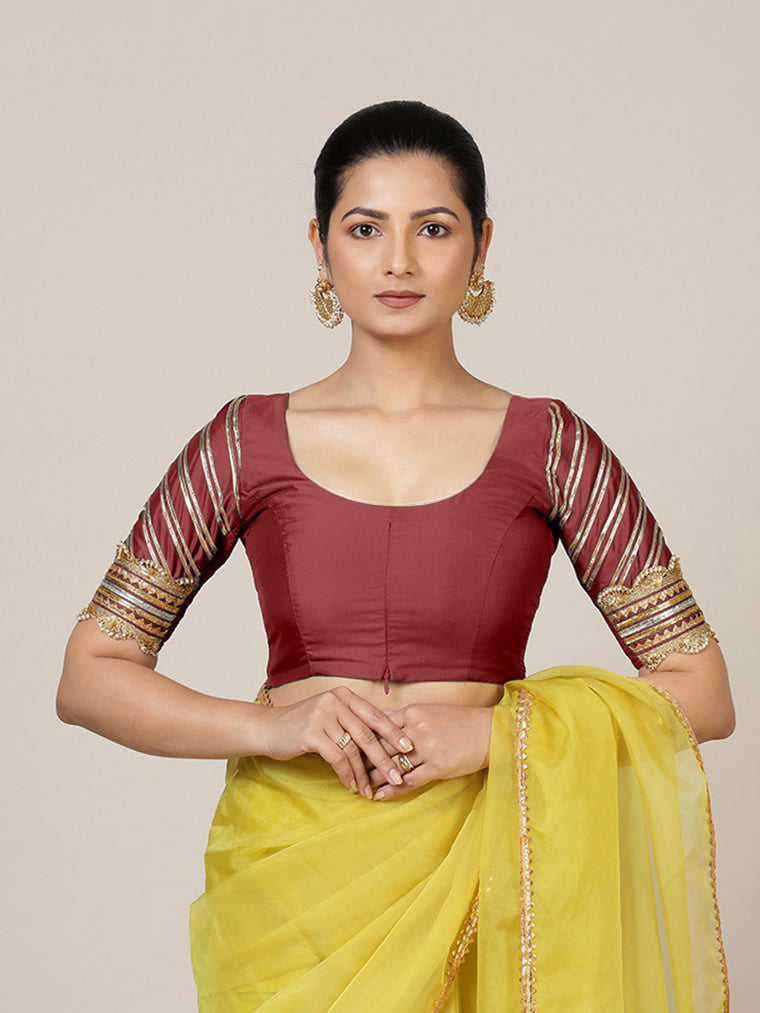 Anisha x Tyohaar Saree Blouse, in Red Vegan Silk, featuring elbow sleeves and round neckline, made for party & festive.