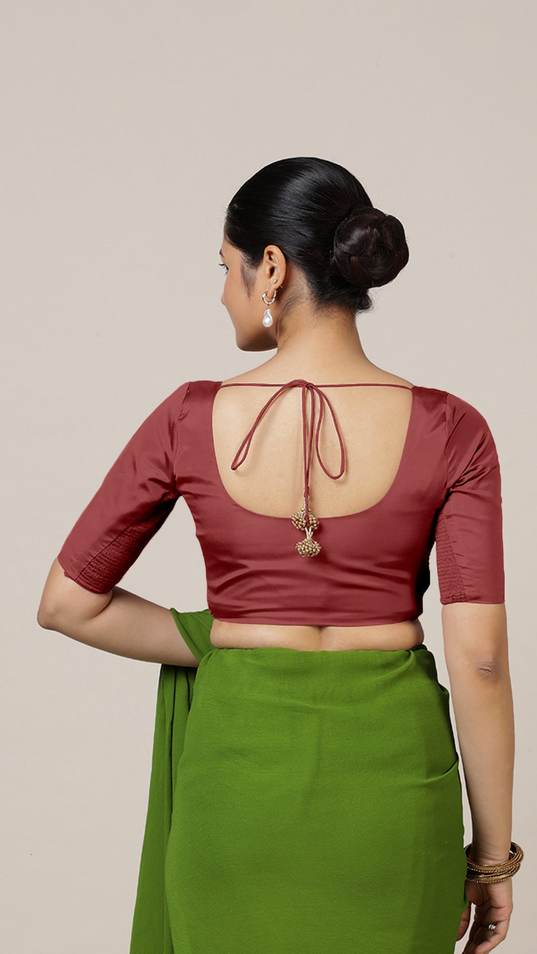 Anisha x Rozaana Saree Blouse, in Red Vegan Silk, featuring elbow sleeves and round neckline, made for daily & work (view 2).