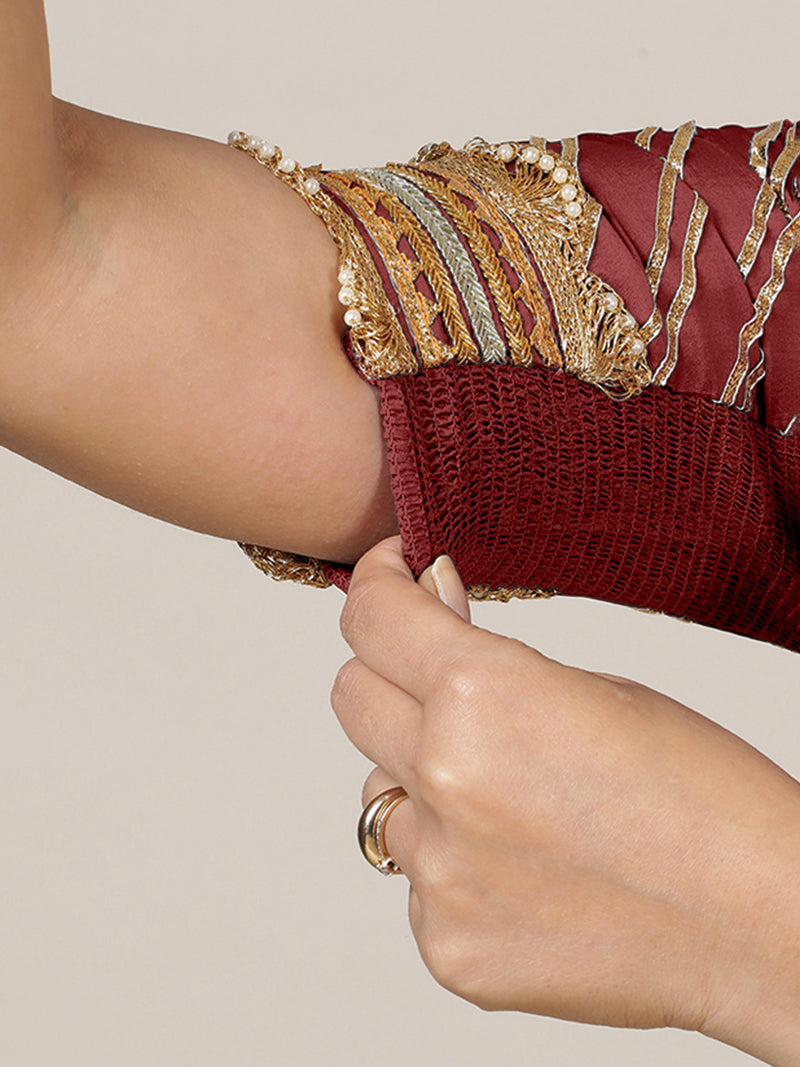 Anisha x Tyohaar | Elbow Sleeves Saree Blouse in Auburn Red-Binks