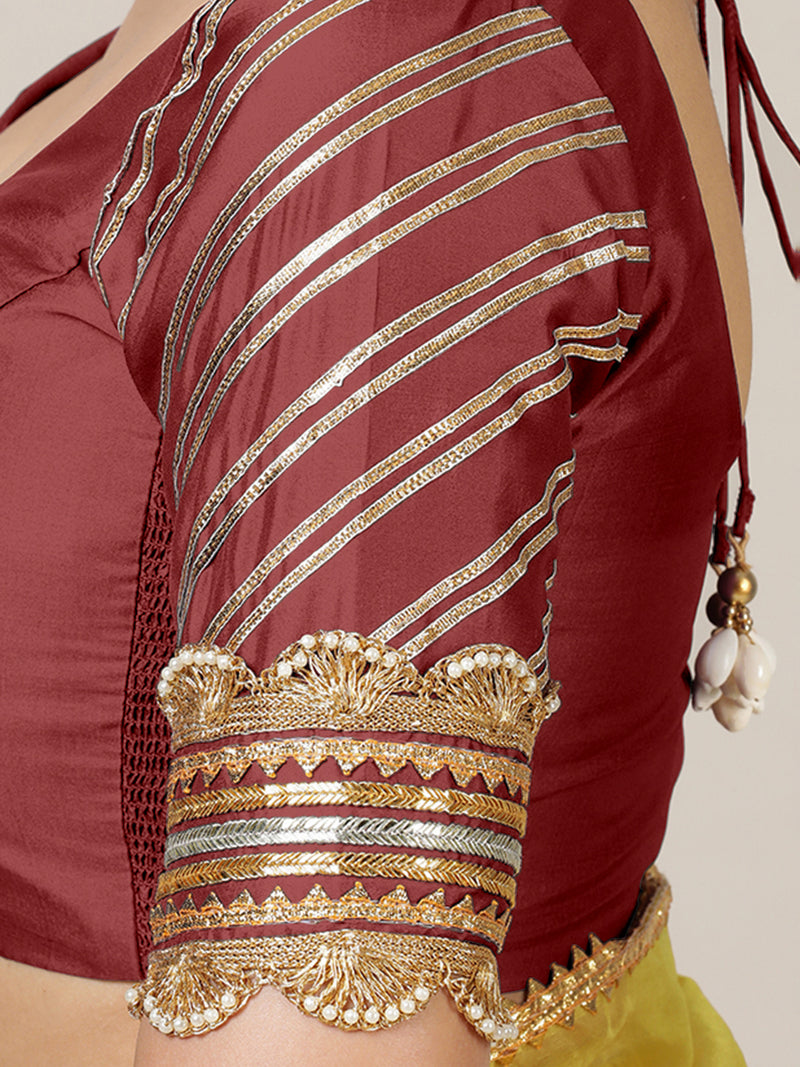 Anisha x Tyohaar | Elbow Sleeves Saree Blouse in Auburn Red-Binks