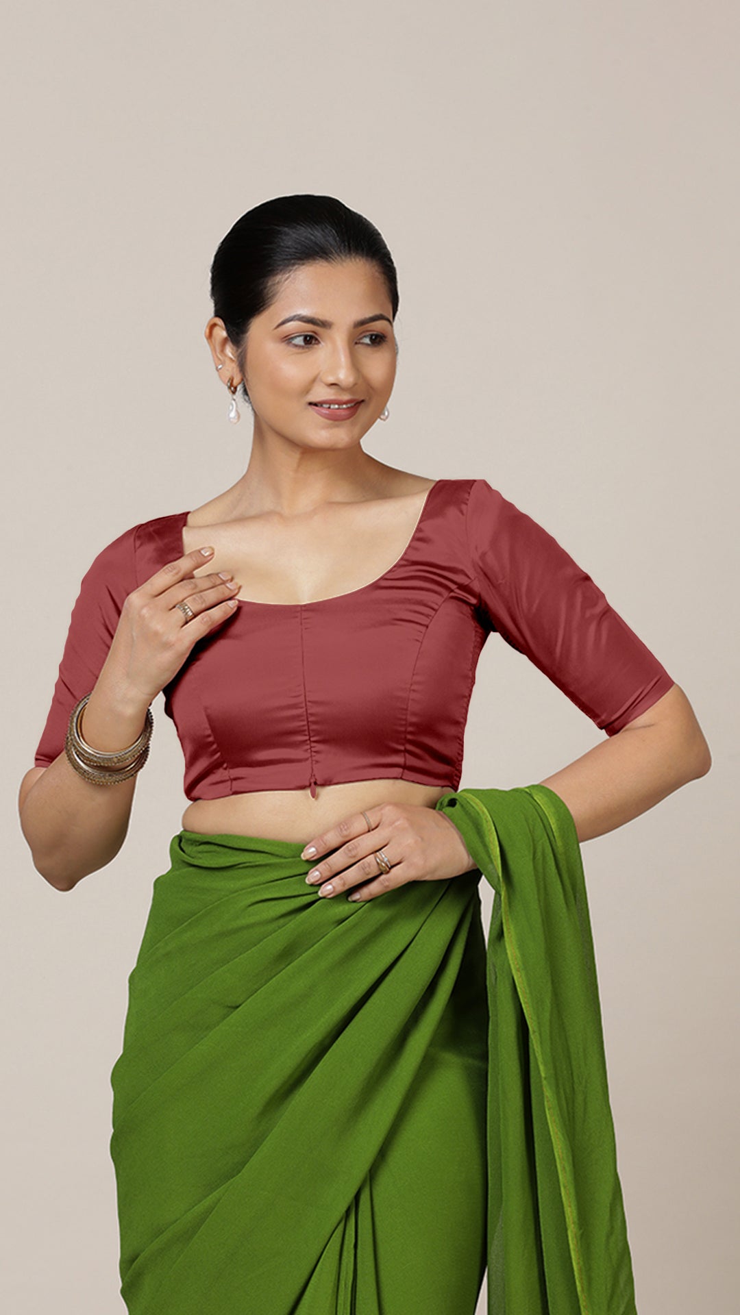 Anisha x Rozaana Saree Blouse, in Red Vegan Silk, featuring elbow sleeves and round neckline, made for daily & work (view 6).
