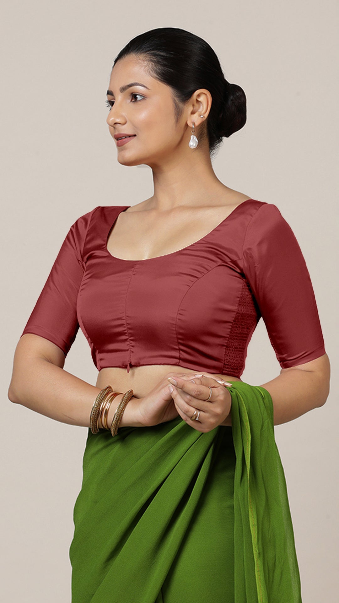 Anisha x Rozaana Saree Blouse, in Red Vegan Silk, featuring elbow sleeves and round neckline, made for daily & work (view 8).