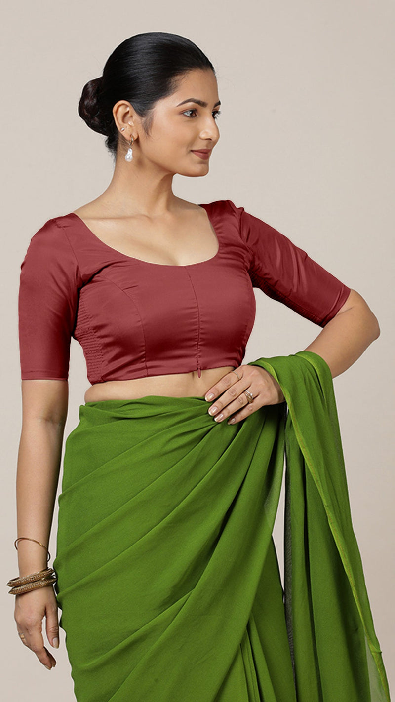 Anisha x Rozaana | Elbow Sleeves Saree Blouse in Auburn Red-Binks