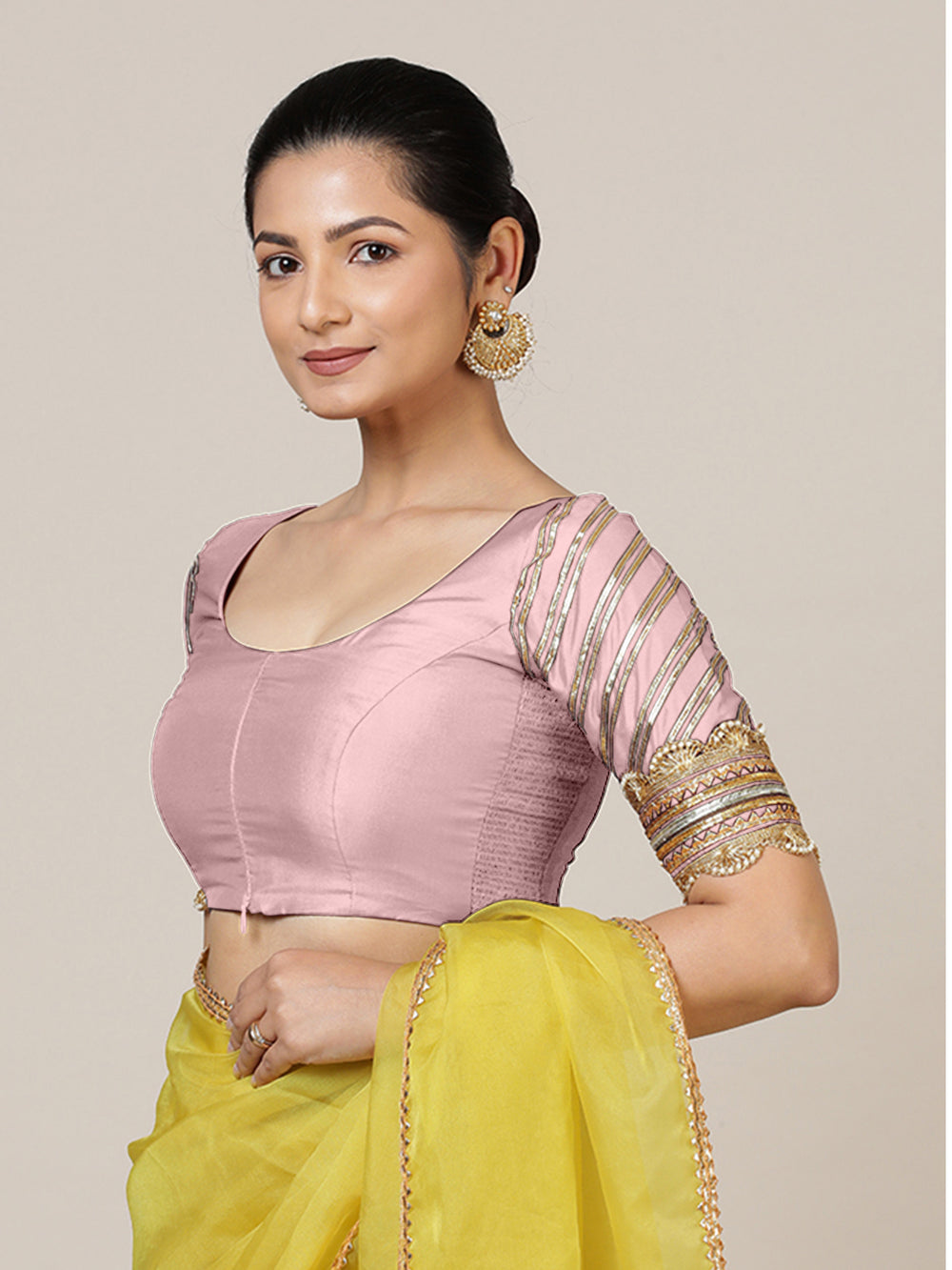 Anisha x Tyohaar | Elbow Sleeves Baby Pink FlexiFit™ Gota Embellished Saree Blouse with Round Neck