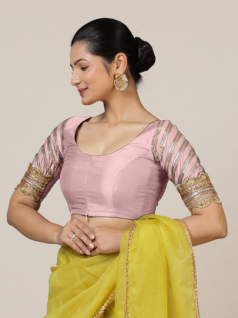 Anisha x Tyohaar | Elbow Sleeves Baby Pink FlexiFit™ Gota Embellished Saree Blouse with Round Neck-Binks