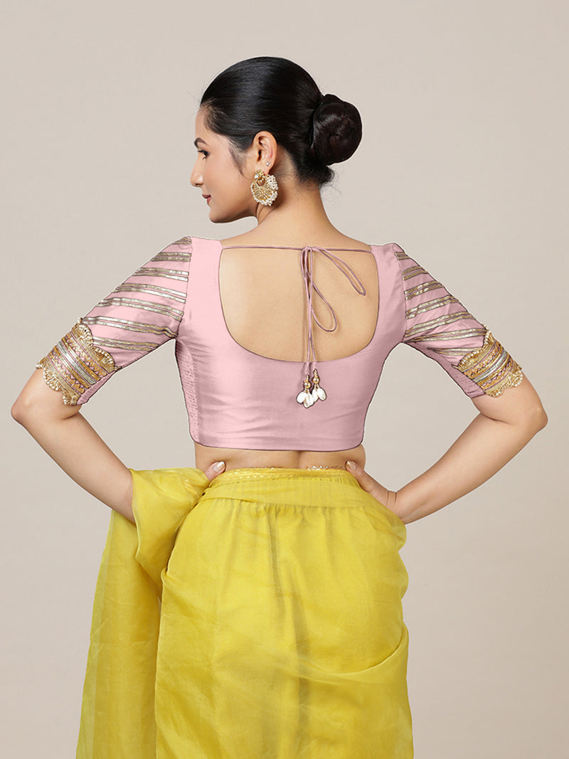 Anisha x Tyohaar | Elbow Sleeves Baby Pink FlexiFit™ Gota Embellished Saree Blouse with Round Neck-Binks