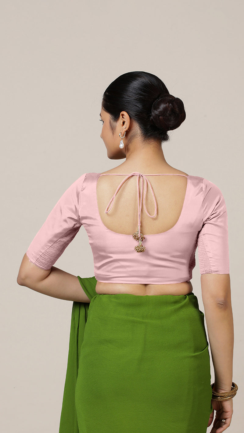 Anisha x Rozaana | Elbow Sleeves Baby Pink FlexiFit™ Saree Blouse with Round Neck-Binks