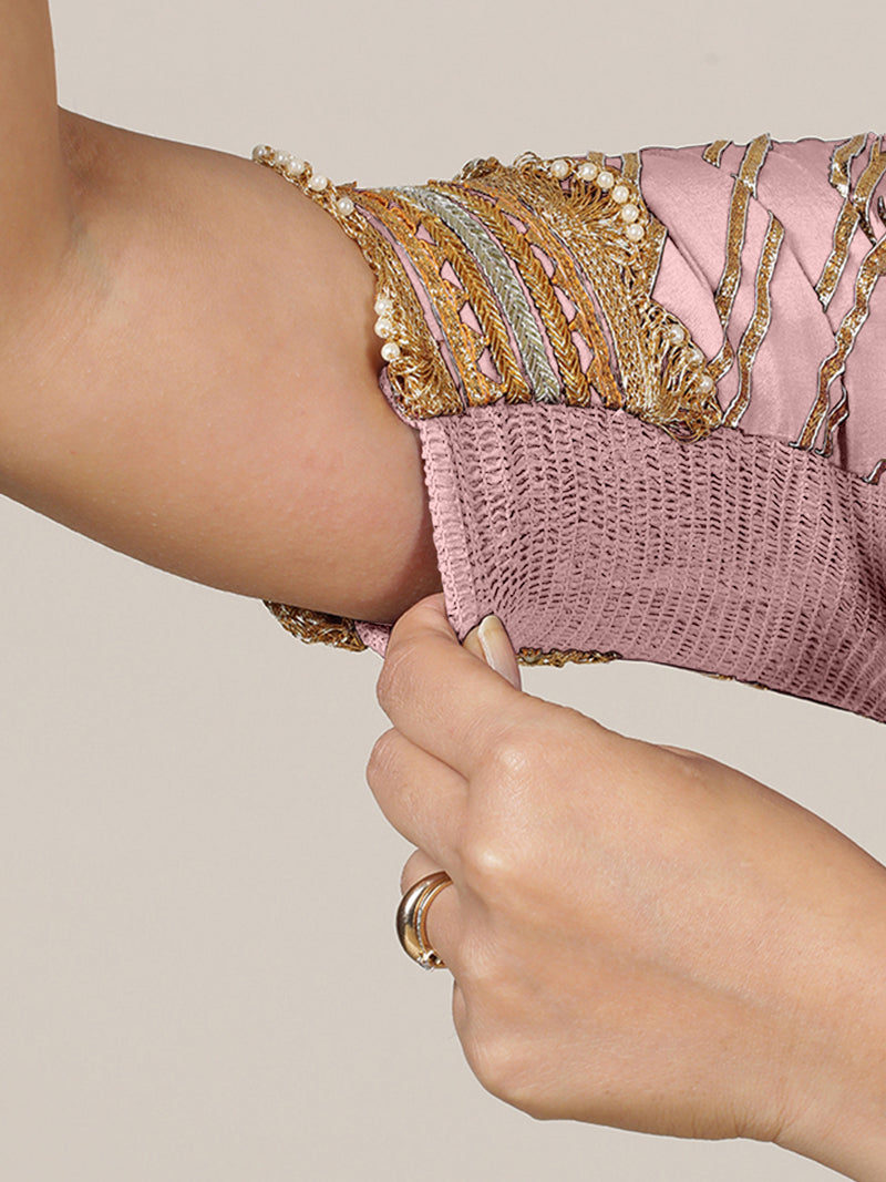 Anisha x Tyohaar | Elbow Sleeves Baby Pink FlexiFit™ Gota Embellished Saree Blouse with Round Neck-Binks