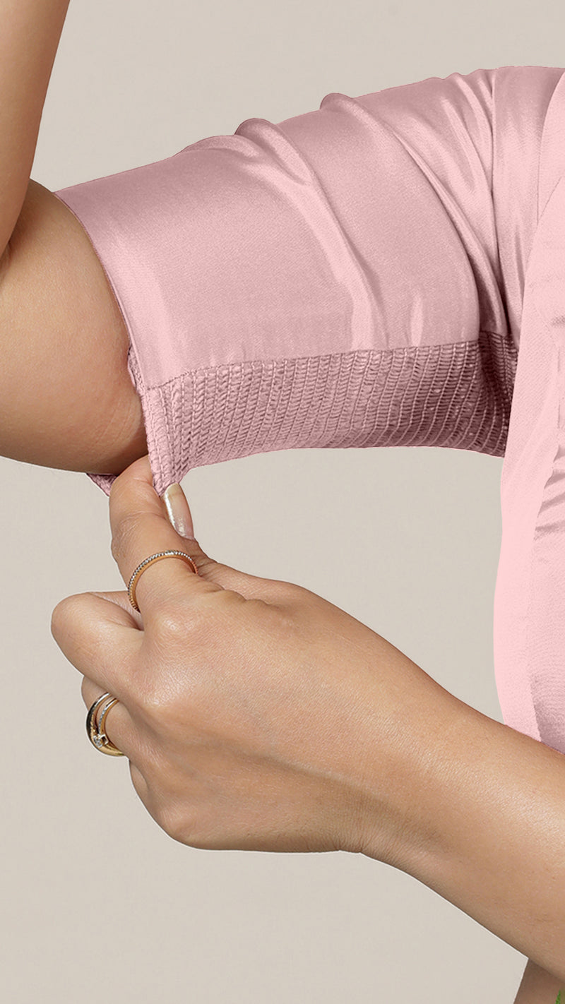 Anisha x Rozaana | Elbow Sleeves Baby Pink FlexiFit™ Saree Blouse with Round Neck-Binks