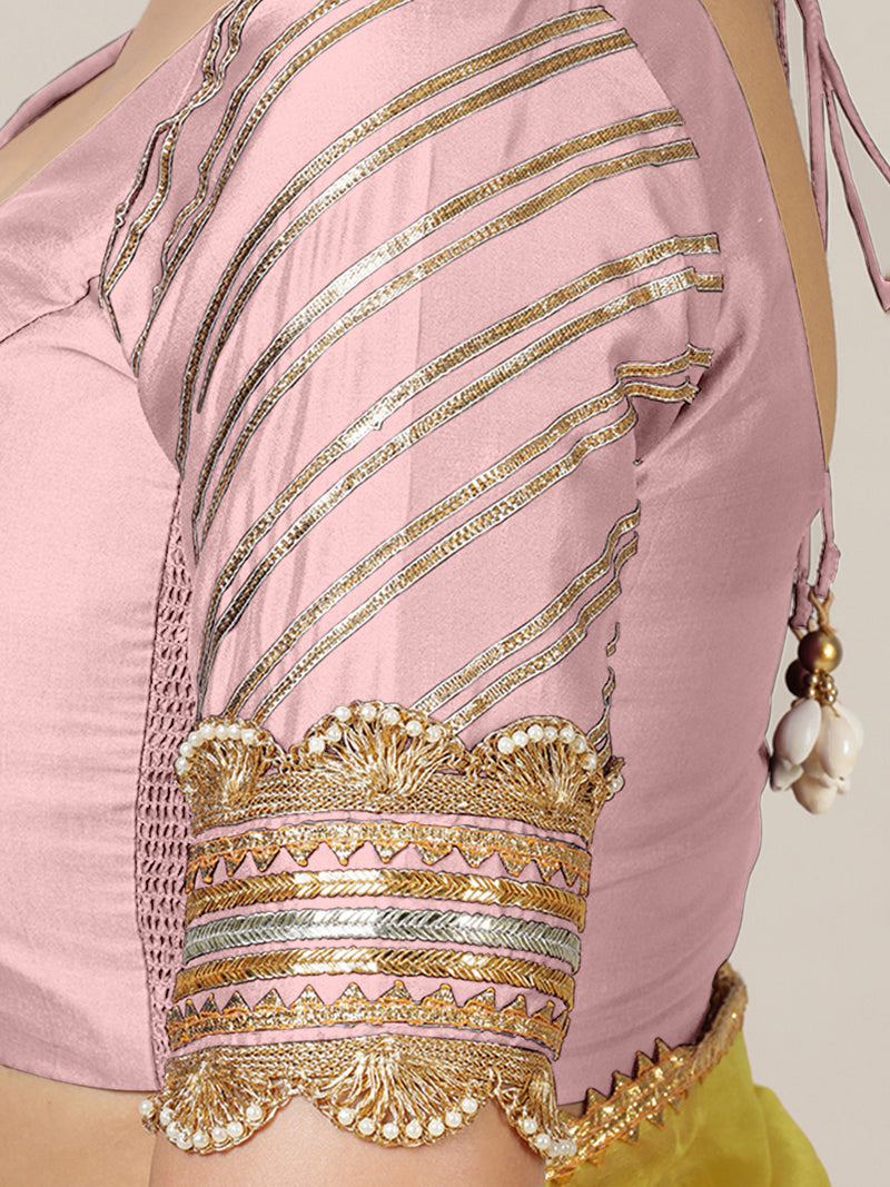Anisha x Tyohaar | Elbow Sleeves Baby Pink FlexiFit™ Gota Embellished Saree Blouse with Round Neck-Binks