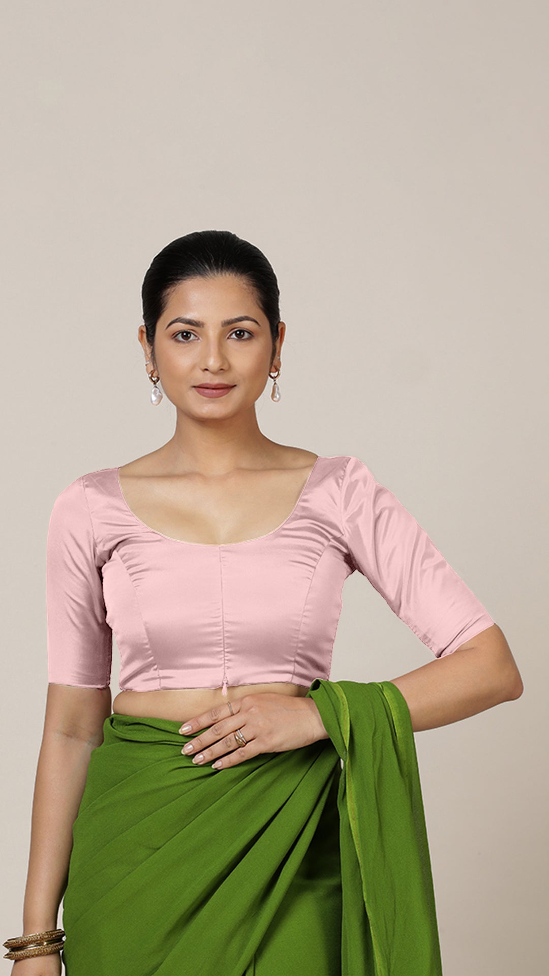 Anisha x Rozaana Saree Blouse, in Pink Artificial Silk, featuring elbow sleeves and round neckline, made for party & festive.