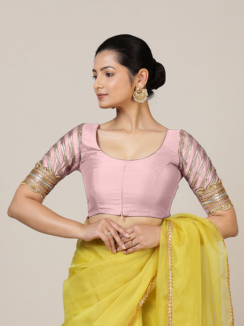 Anisha x Tyohaar | Elbow Sleeves Baby Pink FlexiFit™ Gota Embellished Saree Blouse with Round Neck-Binks
