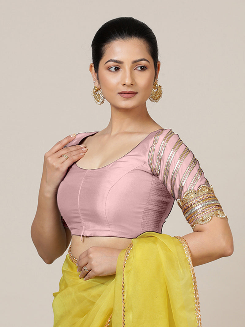 Anisha x Tyohaar | Elbow Sleeves Baby Pink FlexiFit™ Gota Embellished Saree Blouse with Round Neck-Binks