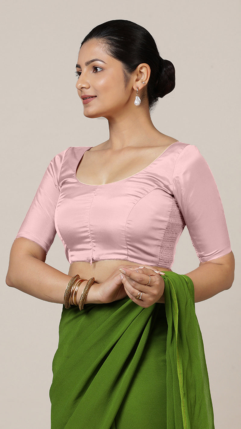 Anisha x Rozaana | Elbow Sleeves Baby Pink FlexiFit™ Saree Blouse with Round Neck-Binks