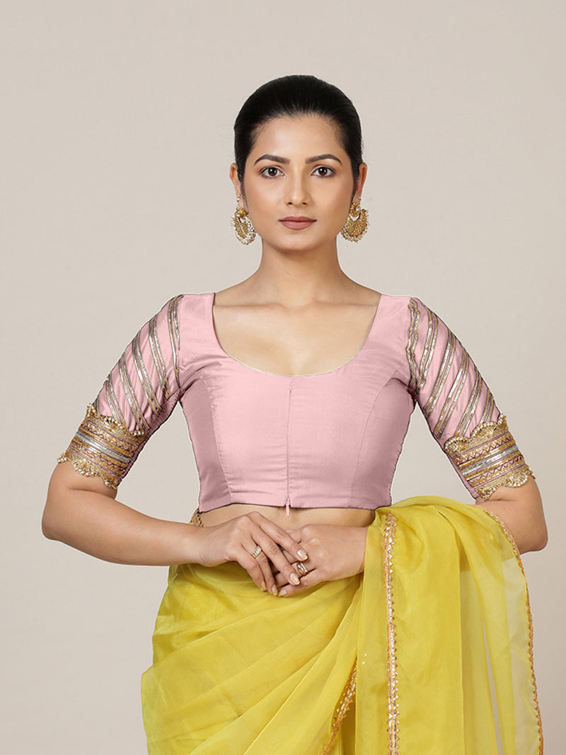 Anisha x Tyohaar | Elbow Sleeves Baby Pink FlexiFit™ Gota Embellished Saree Blouse with Round Neck-Binks
