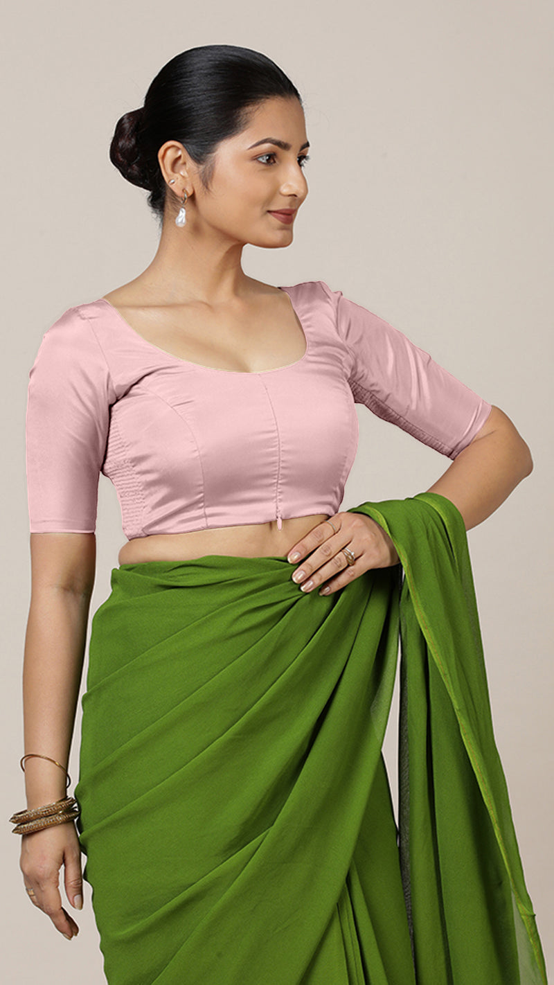 Anisha x Rozaana | Elbow Sleeves Baby Pink FlexiFit™ Saree Blouse with Round Neck-Binks