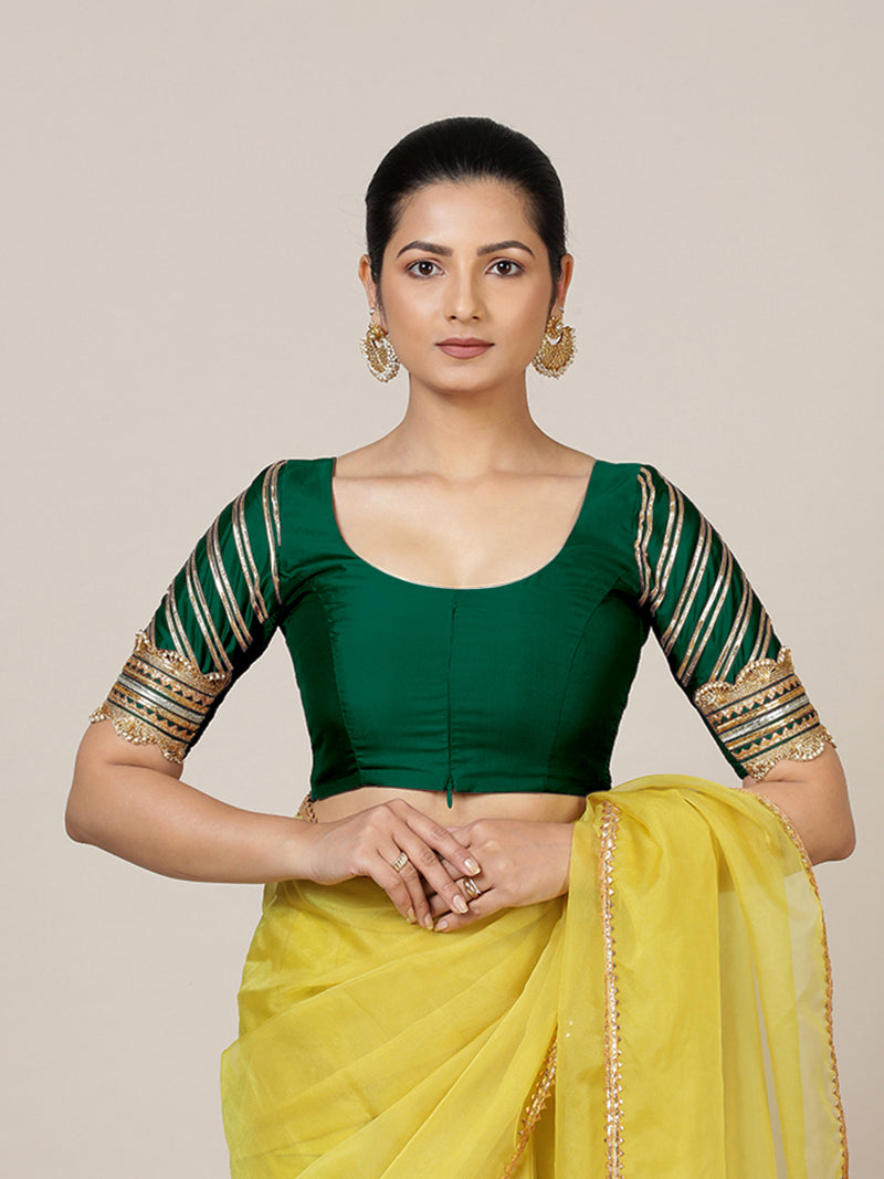 Anisha x Tyohaar | Elbow Sleeves Saree Blouse in Bottle Green-Binks