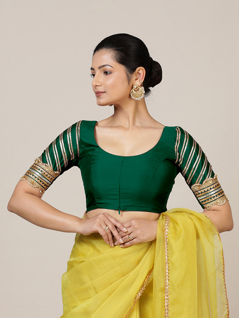Anisha x Tyohaar Saree Blouse, in Green Vegan Silk, featuring elbow sleeves and round neckline, made for party & festive.