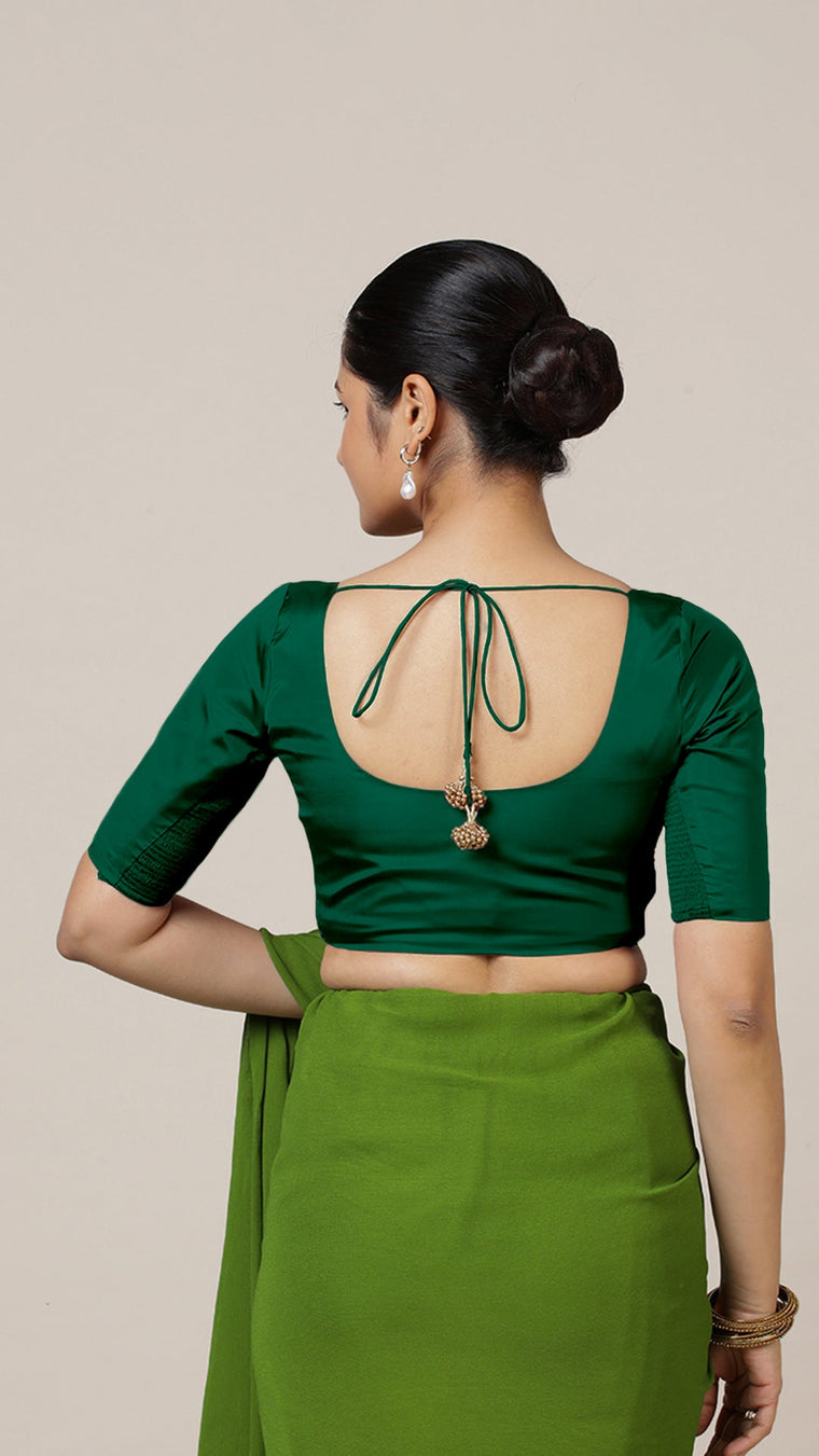 Anisha x Rozaana Saree Blouse, in Green Vegan Silk, featuring elbow sleeves and round neckline, made for daily & work (view 2).