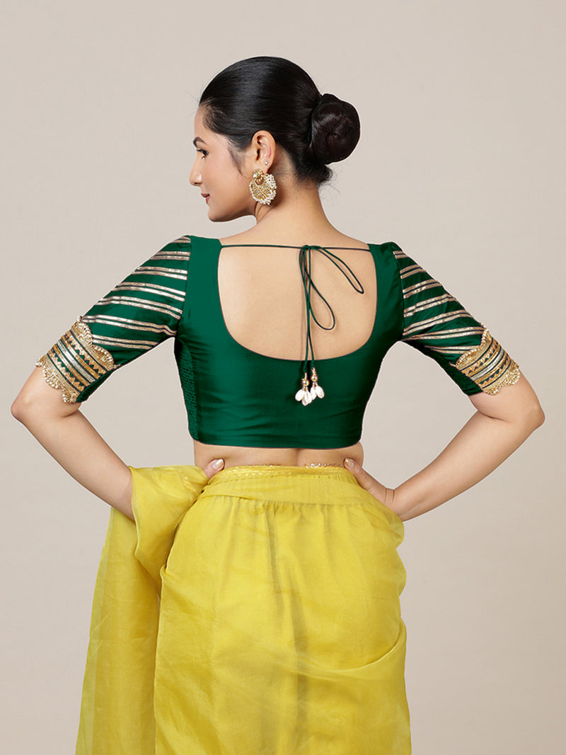 Anisha x Tyohaar | Elbow Sleeves Saree Blouse in Bottle Green-Binks