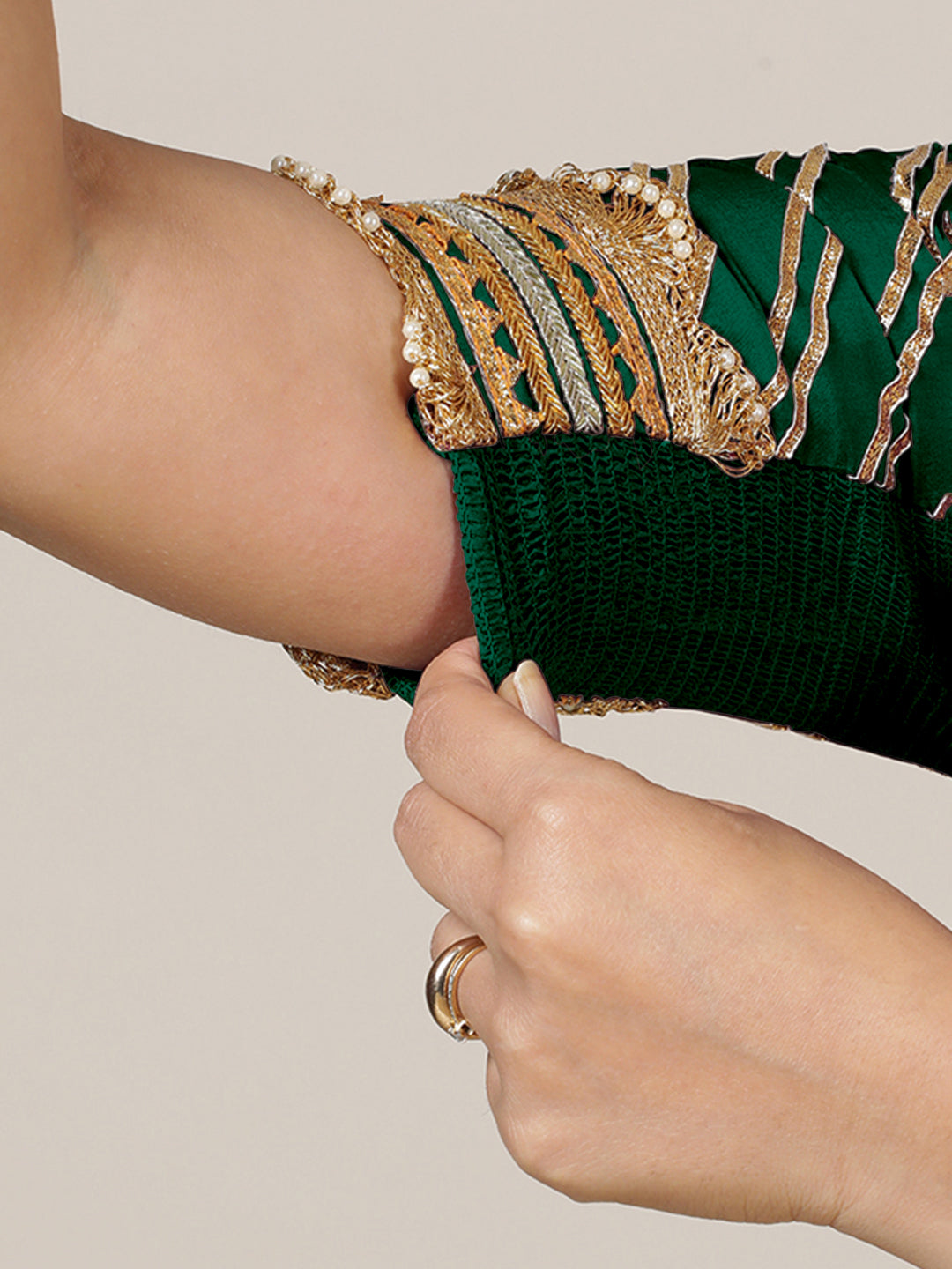 Anisha x Tyohaar Saree Blouse, in Green Vegan Silk, featuring elbow sleeves and round neckline, made for party & festive.