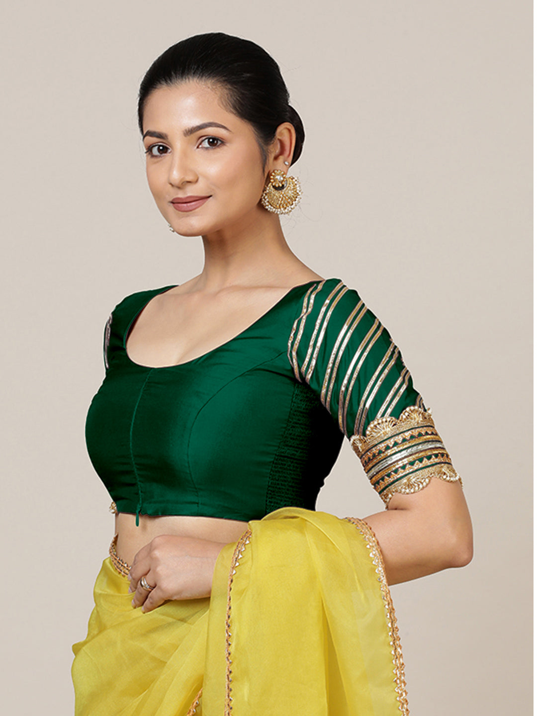 Anisha x Tyohaar Saree Blouse, in Green Vegan Silk, featuring elbow sleeves and round neckline, made for party & festive.