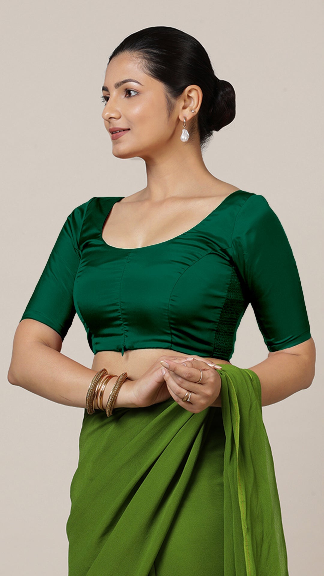 Anisha x Rozaana Saree Blouse, in Green Vegan Silk, featuring elbow sleeves and round neckline, made for daily & work (view 8).