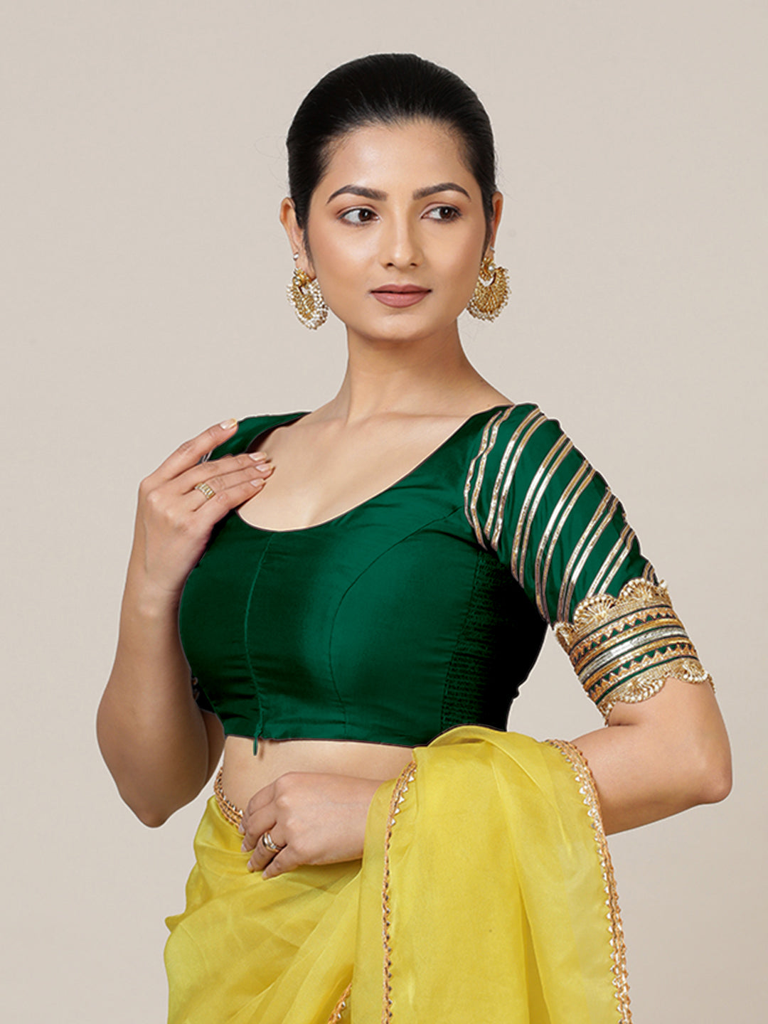 Anisha x Tyohaar Saree Blouse, in Green Vegan Silk, featuring elbow sleeves and round neckline, made for party & festive.