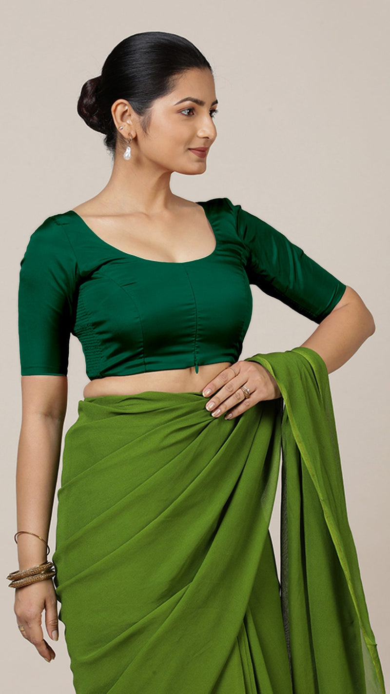 Anisha x Rozaana | Elbow Sleeves Saree Blouse in Bottle Green-Binks
