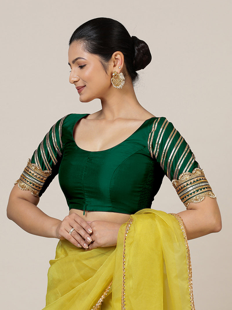 Anisha x Tyohaar | Elbow Sleeves Saree Blouse in Bottle Green-Binks
