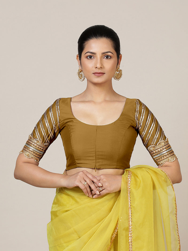 Anisha x Tyohaar | Elbow Sleeves Saree Blouse in Bronze Gold-Binks