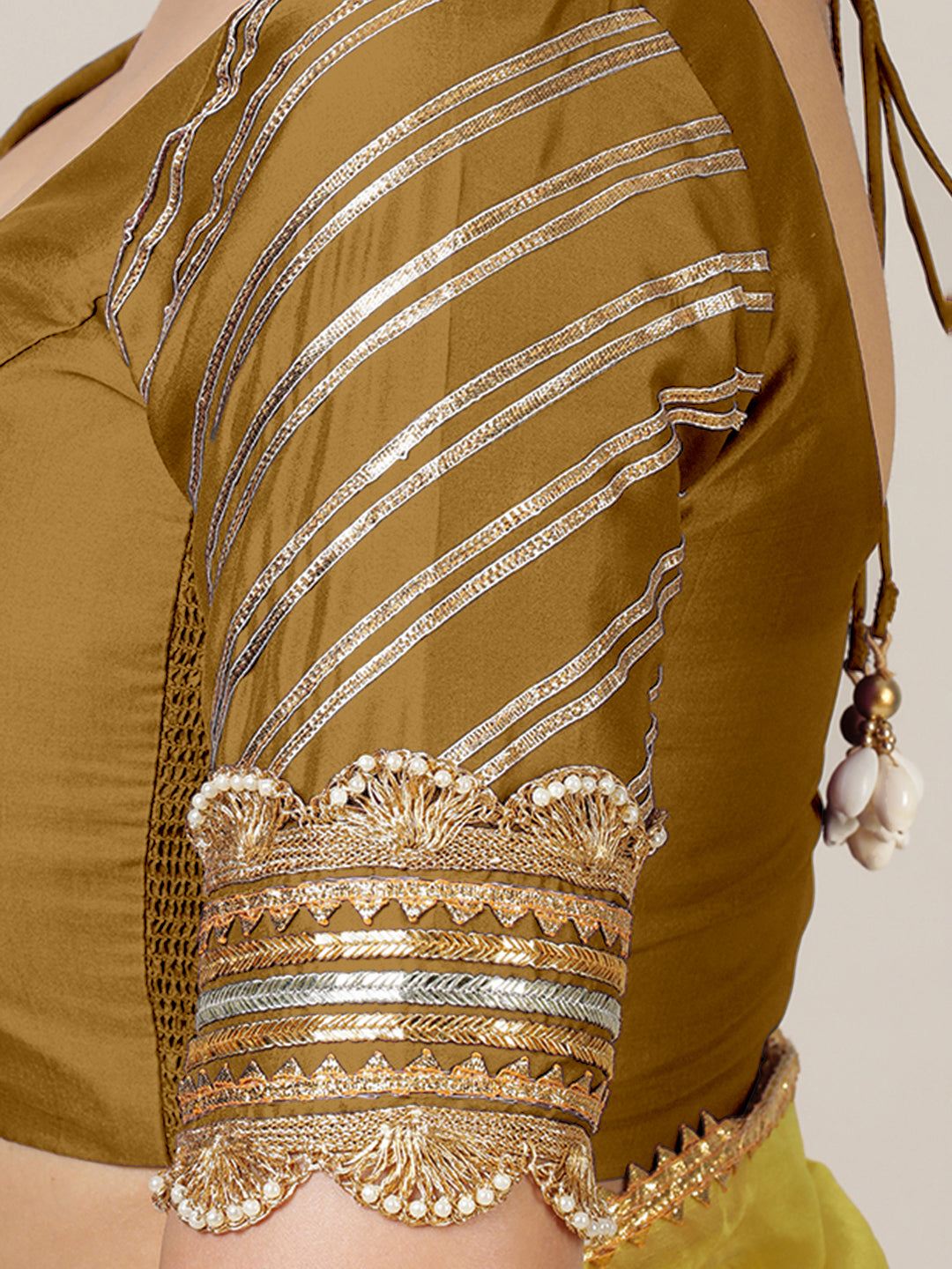 Anisha x Tyohaar Saree Blouse, in Gold Vegan Silk, featuring elbow sleeves and round neckline, made for party & festive.