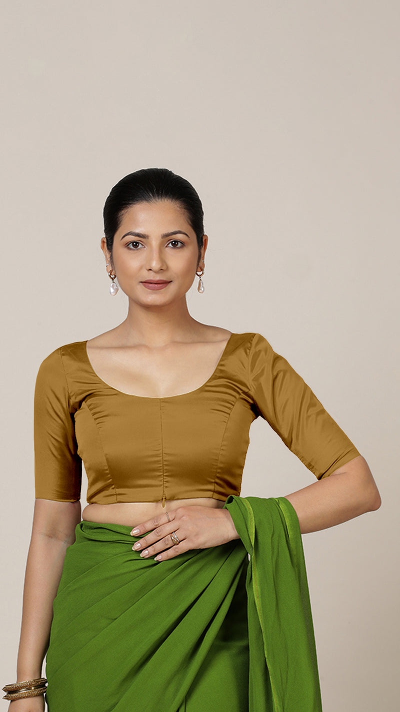 Anisha x Rozaana | Elbow Sleeves Saree Blouse in Bronze Gold-Binks