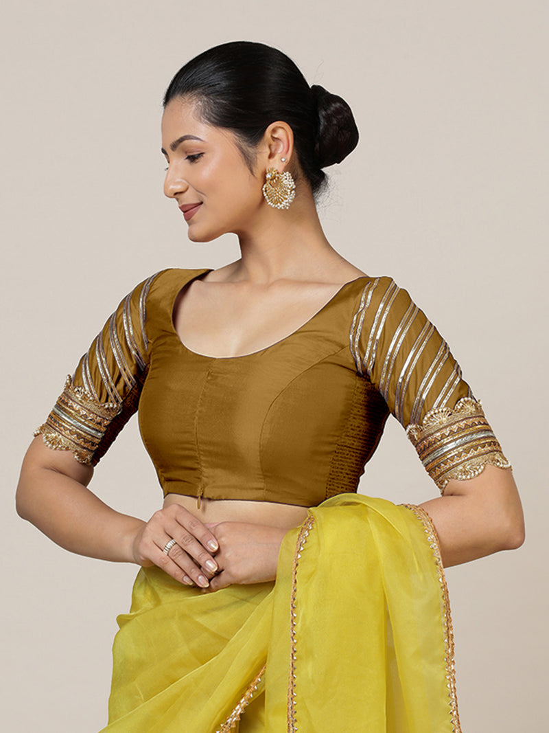 Anisha x Tyohaar | Elbow Sleeves Saree Blouse in Bronze Gold-Binks