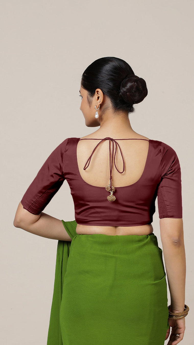 Anisha x Rozaana Saree Blouse, in Maroon Vegan Silk, featuring elbow sleeves and round neckline, made for daily & work (view 2).