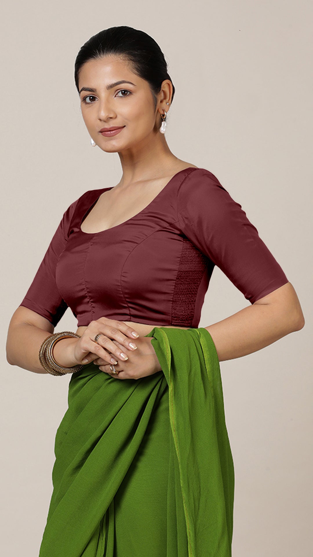 Anisha x Rozaana Saree Blouse, in Maroon Vegan Silk, featuring elbow sleeves and round neckline, made for daily & work (view 7).